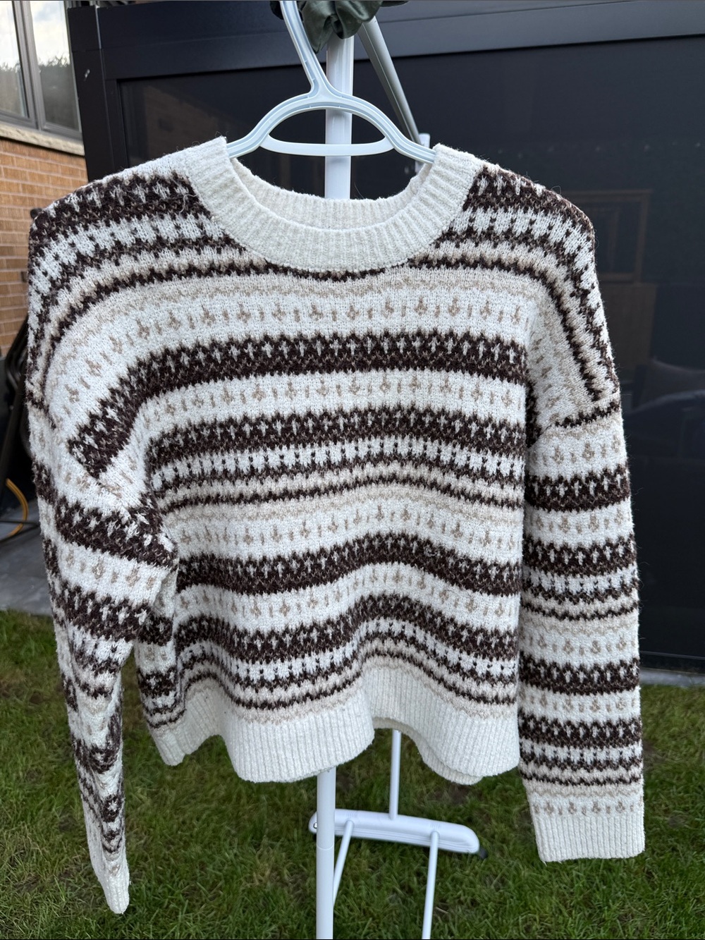 Ardene Cream and Brown Striped Fair Isle Crewneck Sweater